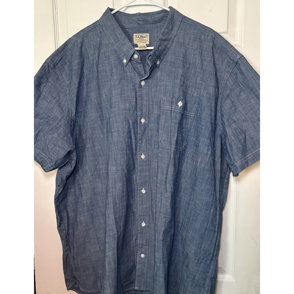 LL Bean Mens Blue Chambray Short Sleeve Button Down Shirt Traditional Fit XXXL